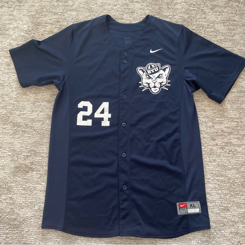 Nike Team BYU Cougars Baseball Jersey Size XL #24 Parker Cosmo Logo Dark Blue